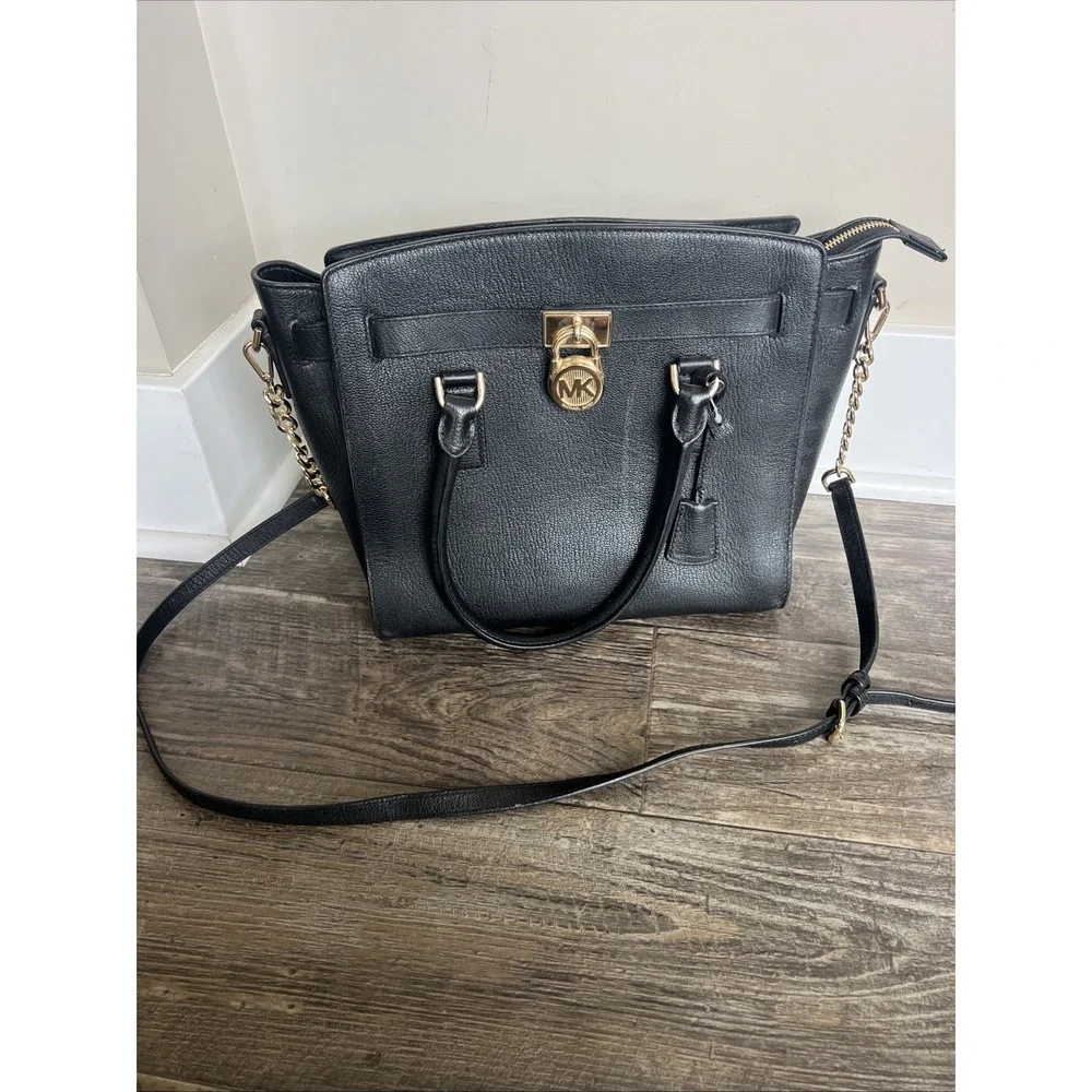 Michael Kors Hamilton Medium Satchel Leather Shoulder Bag Handbag Purse Black
